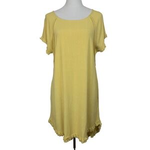Umgee USA Fringe Shift Dress Women's S Yellow Cotton/Linen High Low Pocket